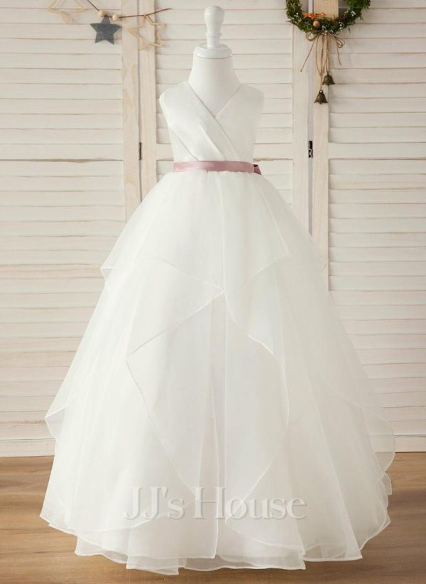 Flower Girl Dresses | Ball-Gown/Princess V-Neck Floor-Length Satin/Organza Flower Girl Dress Ivory – Girls