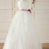 Flower Girl Dresses | Ball-Gown/Princess V-Neck Floor-Length Satin/Organza Flower Girl Dress Ivory – Girls