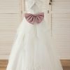 Flower Girl Dresses | Ball-Gown/Princess V-Neck Floor-Length Satin/Organza Flower Girl Dress Ivory – Girls