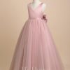 Flower Girl Dresses | Ball-Gown/Princess V-Neck Floor-Length Satin/Tulle Flower Girl Dress Dusty Rose – Girls