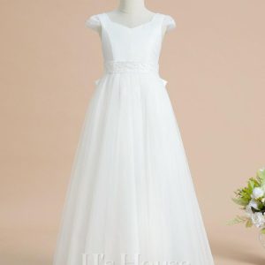 Flower Girl Dresses | Ball-Gown/Princess V-Neck Floor-Length Satin/Tulle Flower Girl Dress Ivory – Girls