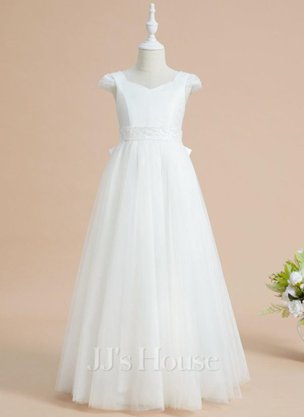 Flower Girl Dresses | Ball-Gown/Princess V-Neck Floor-Length Satin/Tulle Flower Girl Dress Ivory – Girls