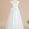 Flower Girl Dresses | Ball-Gown/Princess V-Neck Floor-Length Satin/Tulle Flower Girl Dress Ivory – Girls