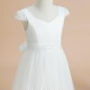 Flower Girl Dresses | Ball-Gown/Princess V-Neck Floor-Length Satin/Tulle Flower Girl Dress Ivory – Girls