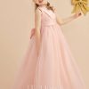 Flower Girl Dresses | Ball-Gown/Princess V-Neck Floor-Length Satin/Tulle Flower Girl Dress Pearl Pink – Girls