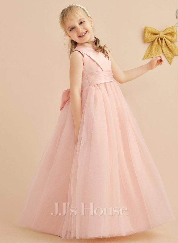 Flower Girl Dresses | Ball-Gown/Princess V-Neck Floor-Length Satin/Tulle Flower Girl Dress Pearl Pink – Girls