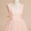 Flower Girl Dresses | Ball-Gown/Princess V-Neck Floor-Length Satin/Tulle Flower Girl Dress Pearl Pink – Girls