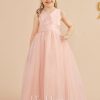 Flower Girl Dresses | Ball-Gown/Princess V-Neck Floor-Length Satin/Tulle Flower Girl Dress Pearl Pink – Girls