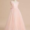 Flower Girl Dresses | Ball-Gown/Princess V-Neck Floor-Length Satin/Tulle Flower Girl Dress Pearl Pink – Girls