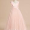 Flower Girl Dresses | Ball-Gown/Princess V-Neck Floor-Length Satin/Tulle Flower Girl Dress Pearl Pink – Girls