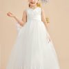 Flower Girl Dresses | Ball-Gown/Princess V-Neck Floor-Length Satin/Tulle Flower Girl Dress Pearl Pink – Girls