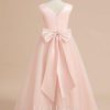 Flower Girl Dresses | Ball-Gown/Princess V-Neck Floor-Length Satin/Tulle Flower Girl Dress Pearl Pink – Girls