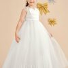 Flower Girl Dresses | Ball-Gown/Princess V-Neck Floor-Length Satin/Tulle Flower Girl Dress Pearl Pink – Girls