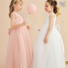 Flower Girl Dresses | Ball-Gown/Princess V-Neck Floor-Length Satin/Tulle Flower Girl Dress Pearl Pink – Girls