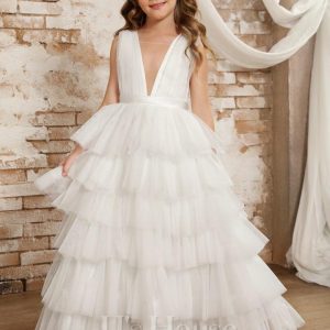 Flower Girl Dresses | Ball-Gown/Princess V-Neck Floor-Length Tulle Flower Girl Dress Ivory – Girls