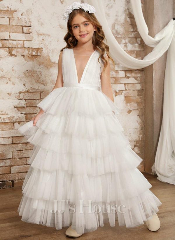 Flower Girl Dresses | Ball-Gown/Princess V-Neck Floor-Length Tulle Flower Girl Dress Ivory – Girls