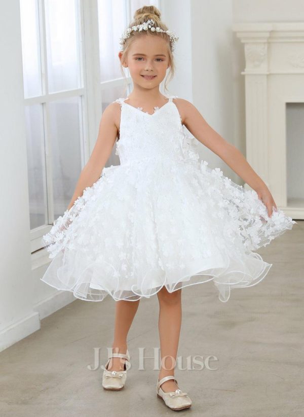 Flower Girl Dresses | Ball-Gown/Princess V-Neck Knee-Length Tulle Flower Girl Dress Ivory – Girls