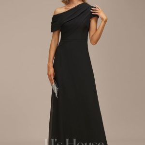 Formal & Evening | A-line Asymmetrical Floor-Length Chiffon Evening Dress With Pleated Black – Womens