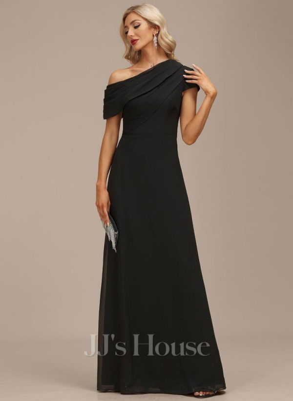 Formal & Evening | A-line Asymmetrical Floor-Length Chiffon Evening Dress With Pleated Black – Womens