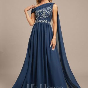 Formal & Evening | A-line Asymmetrical Floor-Length Lace Chiffon Evening Dress With Pleated Navy Blue – Womens