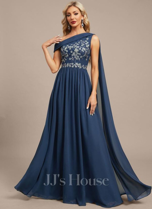 Formal & Evening | A-line Asymmetrical Floor-Length Lace Chiffon Evening Dress With Pleated Navy Blue – Womens