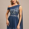 Formal & Evening | A-line Asymmetrical Floor-Length Lace Chiffon Evening Dress With Pleated Navy Blue – Womens