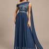 Formal & Evening | A-line Asymmetrical Floor-Length Lace Chiffon Evening Dress With Pleated Navy Blue – Womens