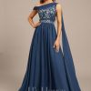 Formal & Evening | A-line Asymmetrical Floor-Length Lace Chiffon Evening Dress With Pleated Navy Blue – Womens