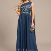 Formal & Evening | A-line Asymmetrical Floor-Length Lace Chiffon Evening Dress With Pleated Navy Blue – Womens