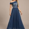 Formal & Evening | A-line Asymmetrical Floor-Length Lace Chiffon Evening Dress With Pleated Navy Blue – Womens