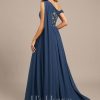 Formal & Evening | A-line Asymmetrical Floor-Length Lace Chiffon Evening Dress With Pleated Navy Blue – Womens