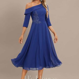 Formal & Evening | A-line Asymmetrical Tea-Length Chiffon Evening Dress With Pleated Beading Sequins Appliques Lace As Picture – Womens