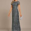 Formal & Evening | A-line Boat Neck Ankle-Length Lace Evening Dress With Sequins Steel Grey – Womens