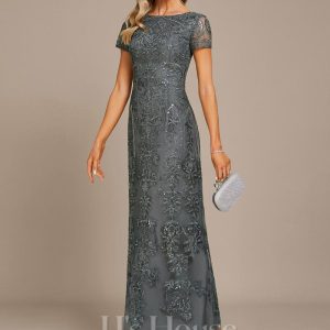 Formal & Evening | A-line Boat Neck Ankle-Length Lace Evening Dress With Sequins Steel Grey – Womens