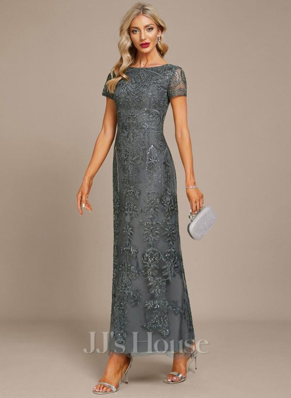 Formal & Evening | A-line Boat Neck Ankle-Length Lace Evening Dress With Sequins Steel Grey – Womens