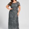 Formal & Evening | A-line Boat Neck Ankle-Length Lace Evening Dress With Sequins Steel Grey – Womens