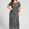 Formal & Evening | A-line Boat Neck Ankle-Length Lace Evening Dress With Sequins Steel Grey – Womens