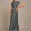 Formal & Evening | A-line Boat Neck Ankle-Length Lace Evening Dress With Sequins Steel Grey – Womens