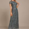 Formal & Evening | A-line Boat Neck Ankle-Length Lace Evening Dress With Sequins Steel Grey – Womens