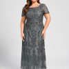 Formal & Evening | A-line Boat Neck Ankle-Length Lace Evening Dress With Sequins Steel Grey – Womens