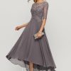 Formal & Evening | A-line Boat Neck Illusion Asymmetrical Chiffon Lace Evening Dress With Sequins Beading As Picture – Womens