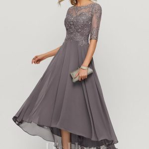 Formal & Evening | A-line Boat Neck Illusion Asymmetrical Chiffon Lace Evening Dress With Sequins Beading As Picture – Womens