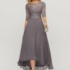 Formal & Evening | A-line Boat Neck Illusion Asymmetrical Chiffon Lace Evening Dress With Sequins Beading As Picture – Womens