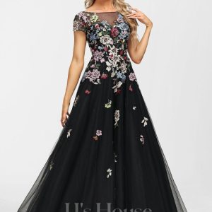 Formal & Evening | A-line Boat Neck Illusion Floor-Length Tulle Lace Evening Dress Black – Womens