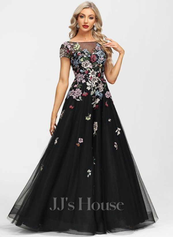 Formal & Evening | A-line Boat Neck Illusion Floor-Length Tulle Lace Evening Dress Black – Womens