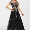 Formal & Evening | A-line Boat Neck Illusion Floor-Length Tulle Lace Evening Dress Black – Womens