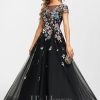 Formal & Evening | A-line Boat Neck Illusion Floor-Length Tulle Lace Evening Dress Black – Womens