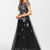 Formal & Evening | A-line Boat Neck Illusion Floor-Length Tulle Lace Evening Dress Black – Womens