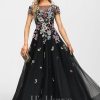 Formal & Evening | A-line Boat Neck Illusion Floor-Length Tulle Lace Evening Dress Black – Womens