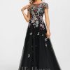 Formal & Evening | A-line Boat Neck Illusion Floor-Length Tulle Lace Evening Dress Black – Womens